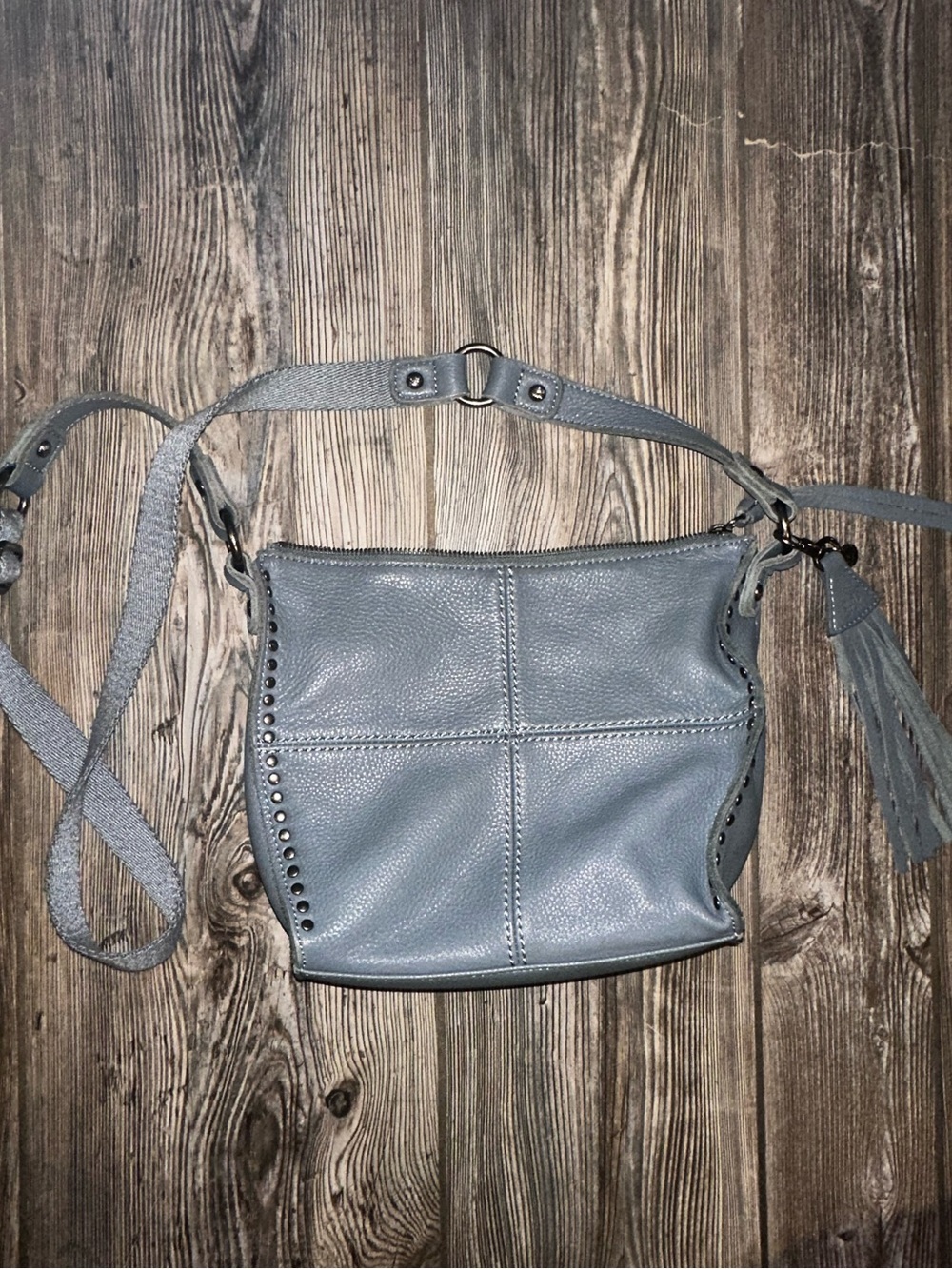 The Sak Soft Leather Crossbody Bag Dusty Blue Grey Hand Tassel Adjustable